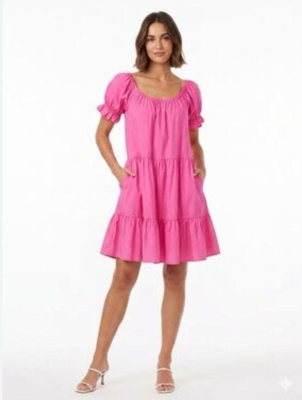 BURU On Off Shoulder Pink Cotton Puff Sleeve Tiered Dress New Small